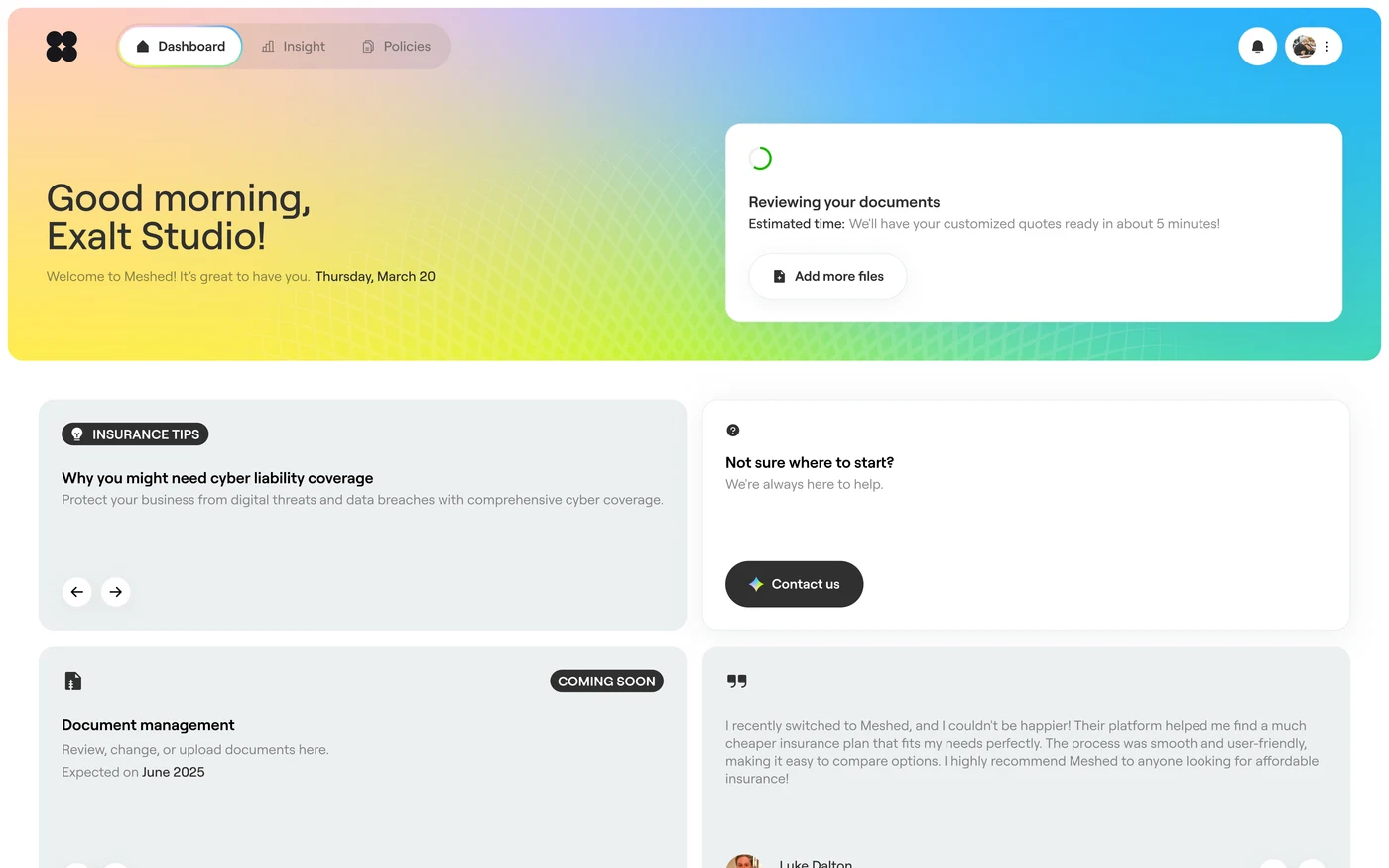 Dashboard, first-run state